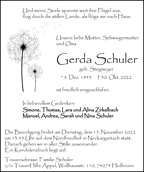 Traueranzeige von Gerda Schuler von Heilbronner Stimme