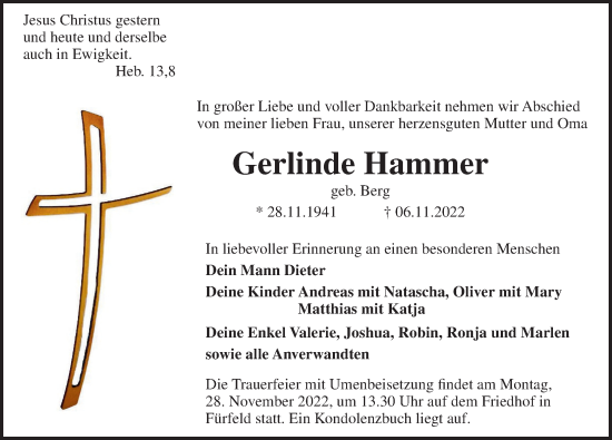 Traueranzeige von Gerlinde Hammer von Heilbronner Stimme