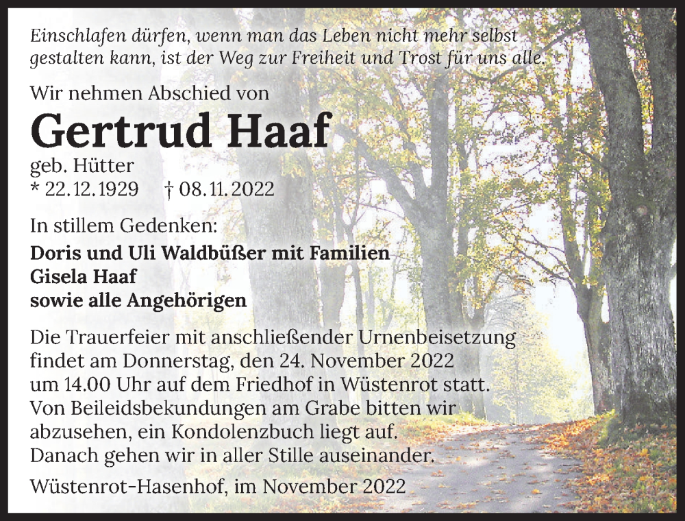  Traueranzeige für Gertrud Haaf vom 19.11.2022 aus Heilbronner Stimme