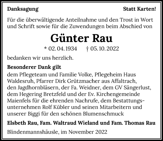 Traueranzeige von Günter Rau von Heilbronner Stimme