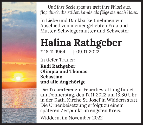 Traueranzeige von Halina Rathgeber von Heilbronner Stimme