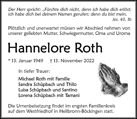 Traueranzeige von Hannelore Roth von Heilbronner Stimme