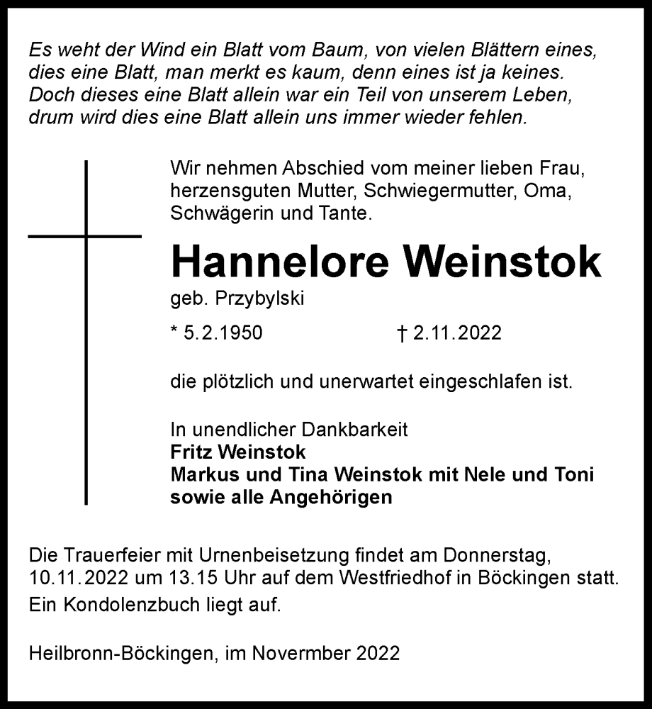  Traueranzeige für Hannelore Weinstok vom 05.11.2022 aus Heilbronner Stimme