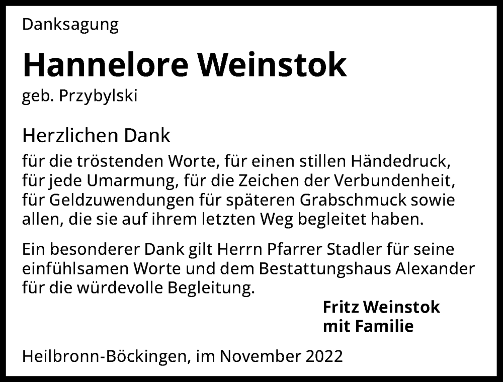  Traueranzeige für Hannelore Weinstok vom 26.11.2022 aus GESAMT