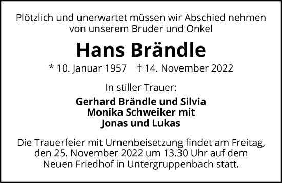 Traueranzeige von Hans Brändle von Heilbronner Stimme