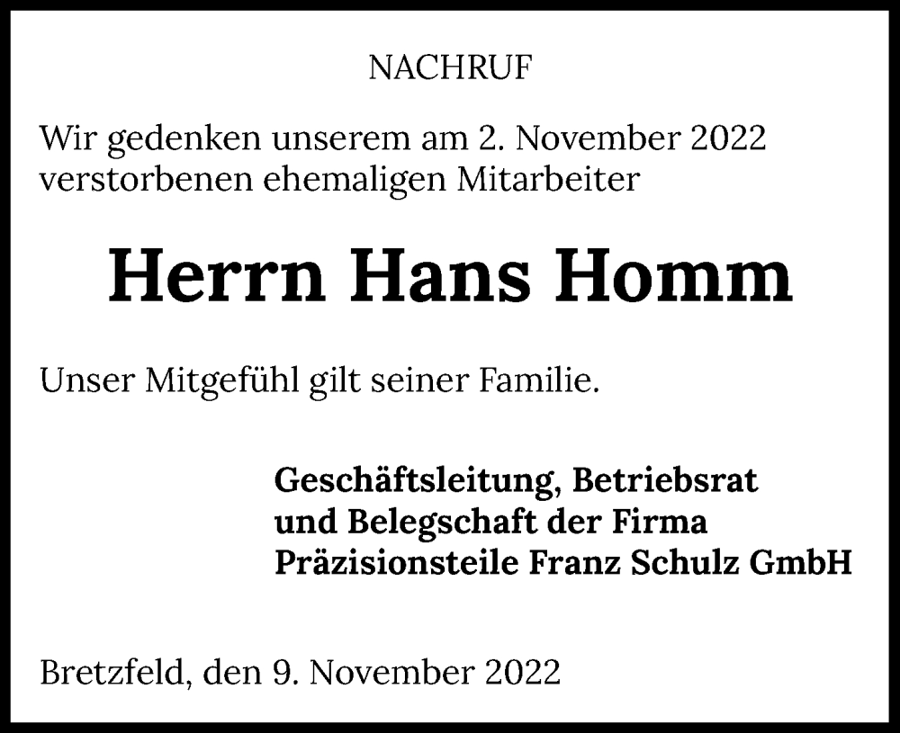  Traueranzeige für Hans Homm vom 09.11.2022 aus Heilbronner Stimme