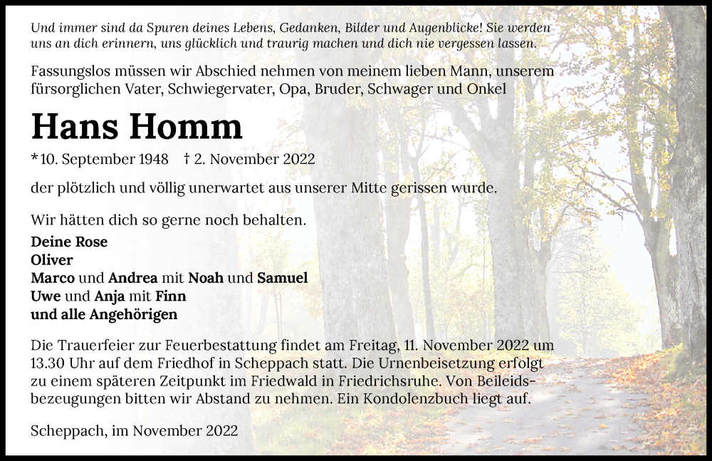  Traueranzeige für Hans Homm vom 08.11.2022 aus Heilbronner Stimme
