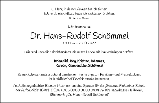 Traueranzeige von Hans-Rudolf Schömmel von Heilbronner Stimme