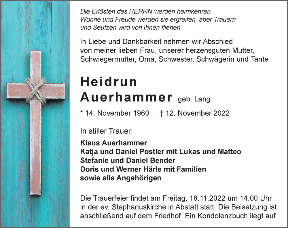  Traueranzeige für Heidrun Auerhammer vom 15.11.2022 aus Heilbronner Stimme