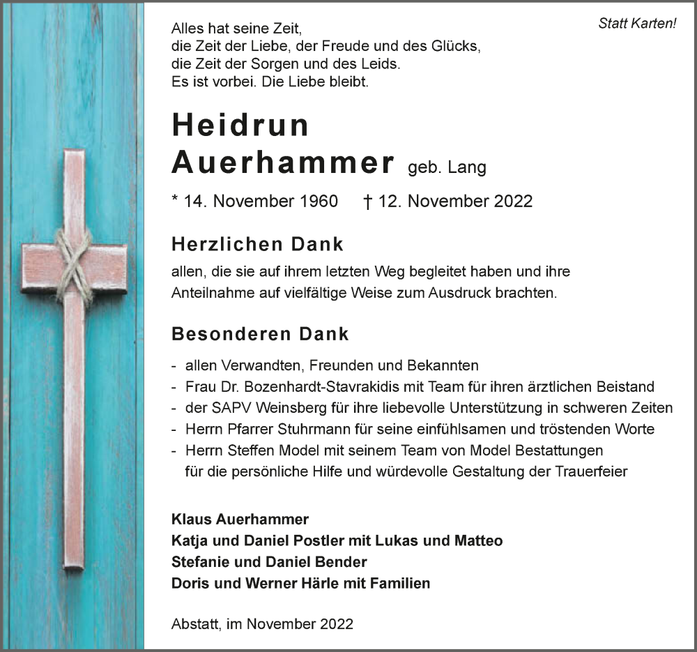  Traueranzeige für Heidrun Auerhammer vom 26.11.2022 aus GESAMT