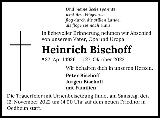 Traueranzeige von Heinrich Bischoff von Heilbronner Stimme