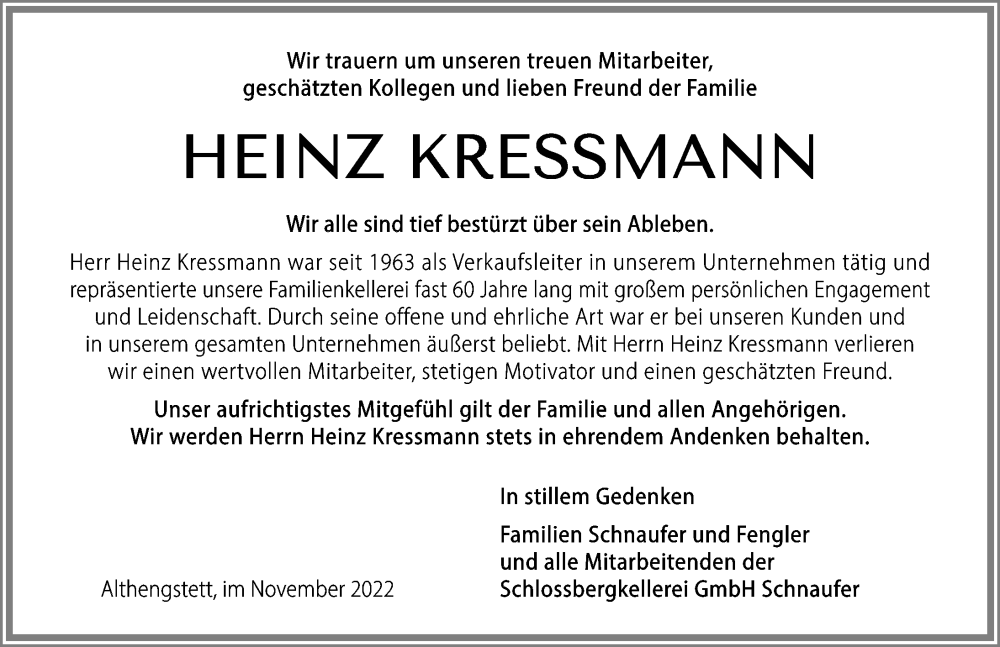  Traueranzeige für Heinz Kressmann vom 12.11.2022 aus Heilbronner Stimme