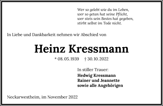 Traueranzeige von Heinz Kressmann von Heilbronner Stimme