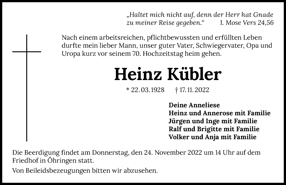  Traueranzeige für Heinz Kübler vom 22.11.2022 aus Heilbronner Stimme