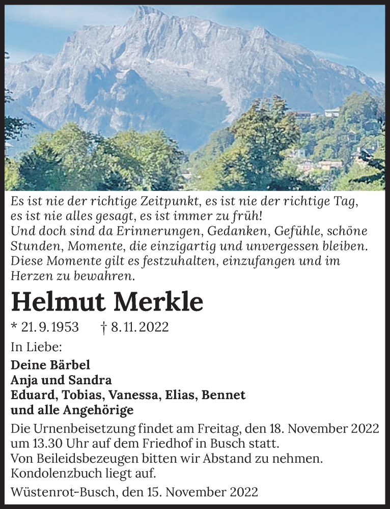  Traueranzeige für Helmut Merkle vom 15.11.2022 aus Heilbronner Stimme