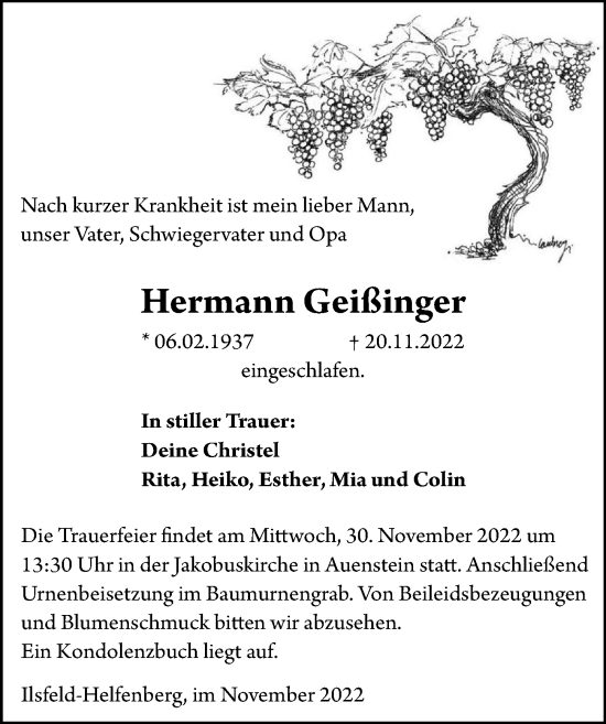 Traueranzeige von Hermann Geißinger von GESAMT