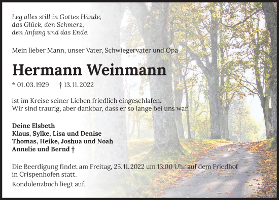Traueranzeige von Hermann Weinmann von Heilbronner Stimme