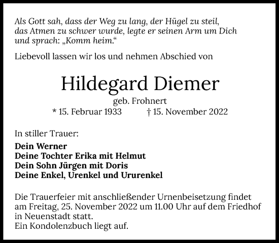 Traueranzeige von Hildegard Diemer von Heilbronner Stimme