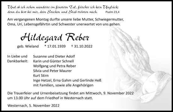 Traueranzeige von Hildegard Reber von Heilbronner Stimme