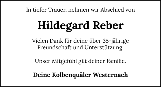 Traueranzeige von Hildegard Reber von Heilbronner Stimme