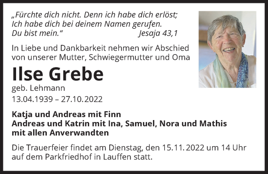 Traueranzeige von Ilse Grebe von Heilbronner Stimme