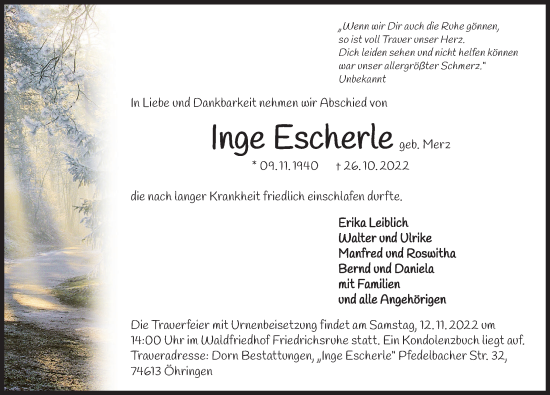 Traueranzeige von Inge Escherle von Heilbronner Stimme