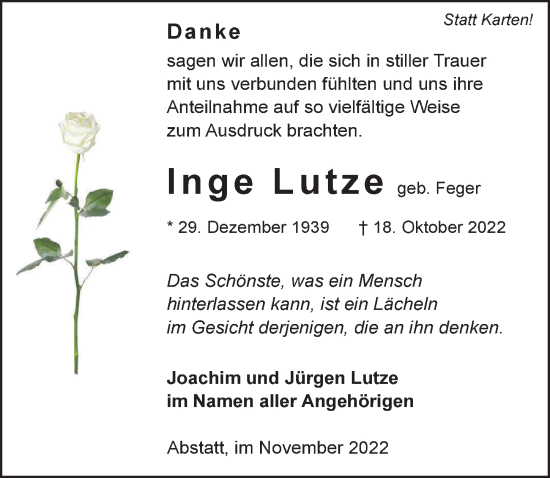 Traueranzeige von Inge Lutze von Heilbronner Stimme