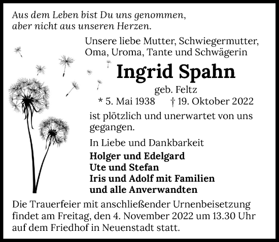 Traueranzeige von Ingrid Spahn von Heilbronner Stimme