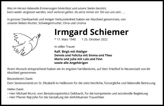 Traueranzeige von Irmgard Schiemer von Heilbronner Stimme