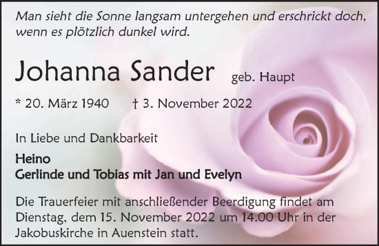 Traueranzeige von Johanna Sander von Heilbronner Stimme