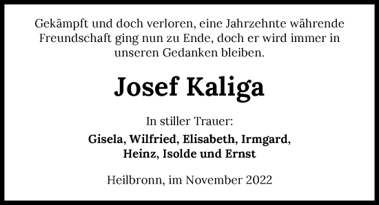 Traueranzeige von Joseph Kaliga von Heilbronner Stimme