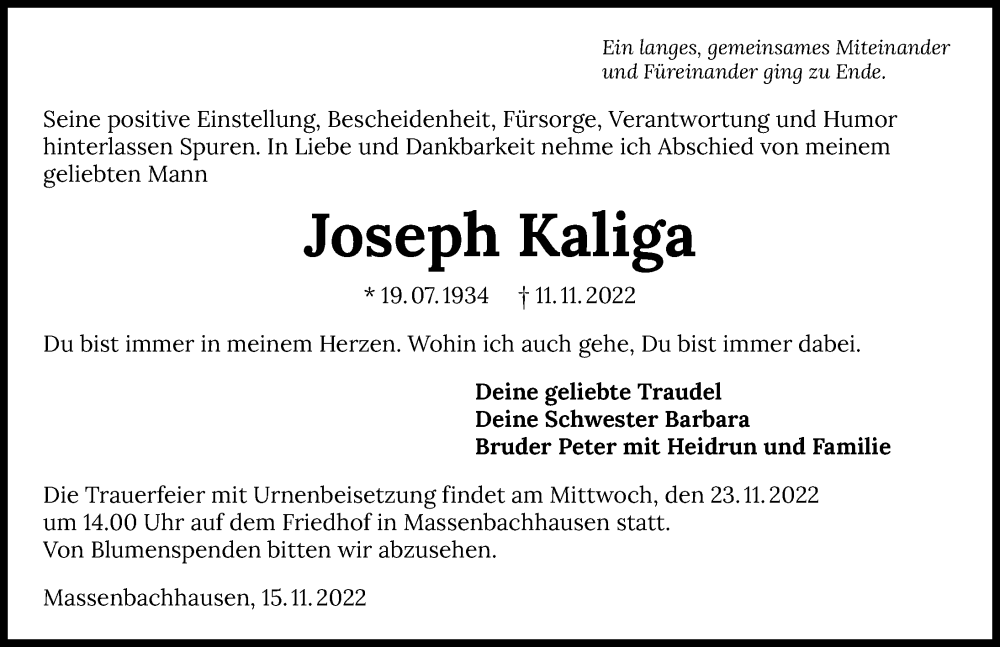 Traueranzeige für Joseph Kaliga vom 19.11.2022 aus Heilbronner Stimme
