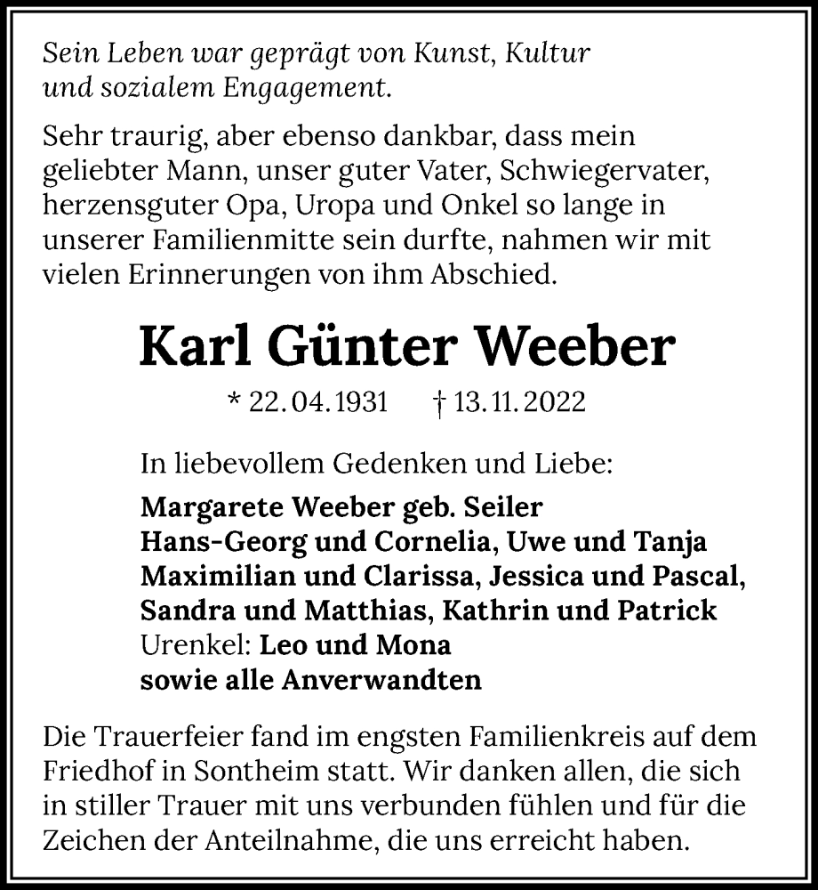  Traueranzeige für Karl Günter Weeber vom 26.11.2022 aus GESAMT