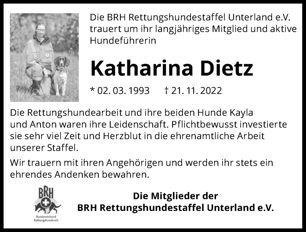  Traueranzeige für Katharina Dietz vom 26.11.2022 aus GESAMT