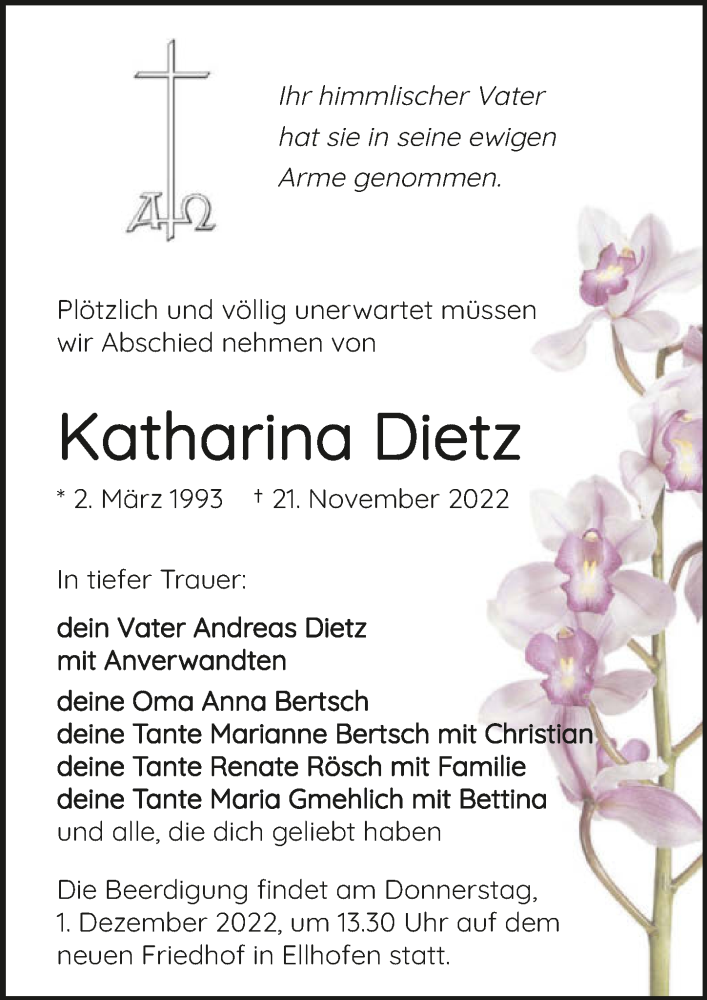  Traueranzeige für Katharina Dietz vom 26.11.2022 aus GESAMT