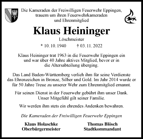 Traueranzeige von Klaus Heininger von Heilbronner Stimme