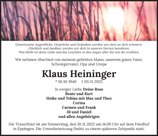 Traueranzeige von Klaus Heininger von Heilbronner Stimme