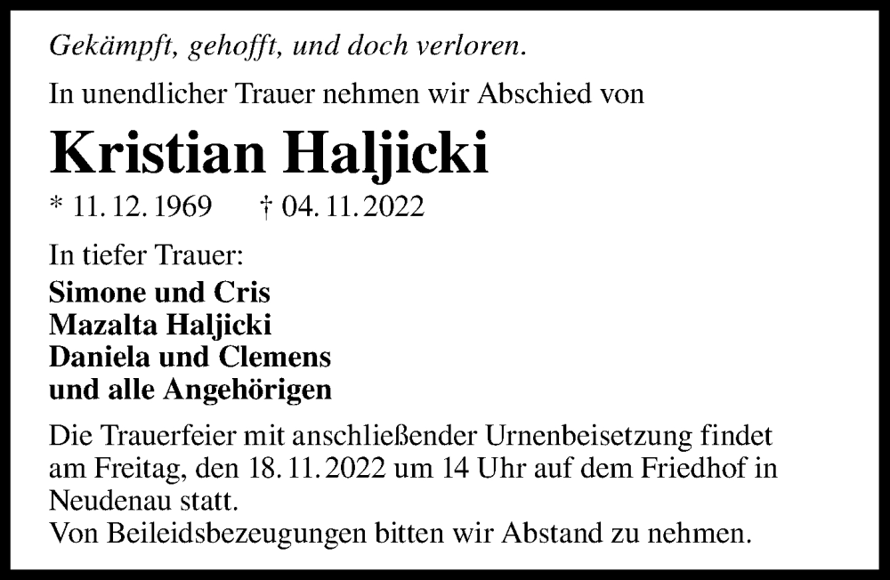  Traueranzeige für Kristian Haljicki vom 12.11.2022 aus Heilbronner Stimme