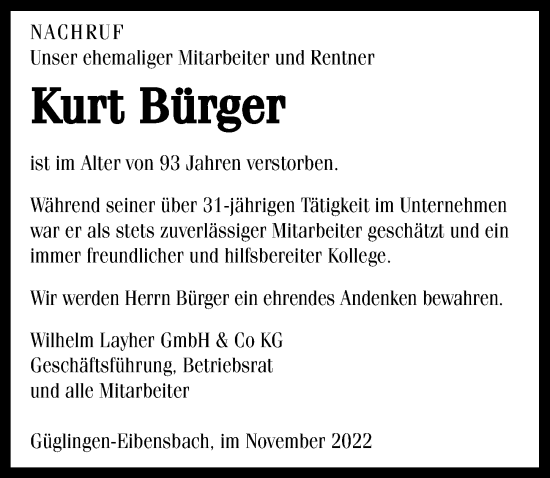 Traueranzeige von Kurt Bürger von Heilbronner Stimme
