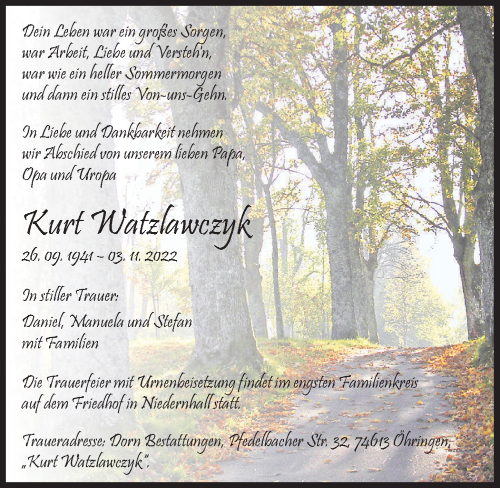  Traueranzeige für Kurt Watzlawczyk vom 12.11.2022 aus Heilbronner Stimme