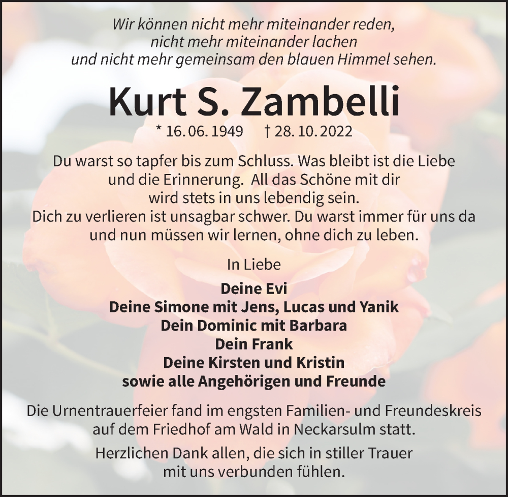  Traueranzeige für Kurt S. Zambelli vom 19.11.2022 aus Heilbronner Stimme