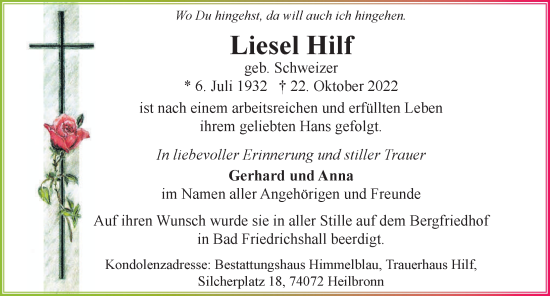 Traueranzeige von Liesel Hilf von Heilbronner Stimme