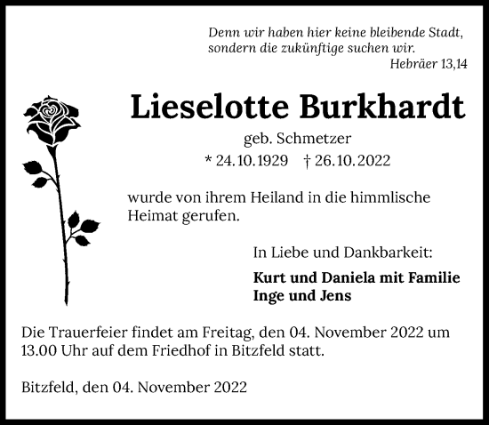 Traueranzeige von Lieselotte Burkhardt von Heilbronner Stimme