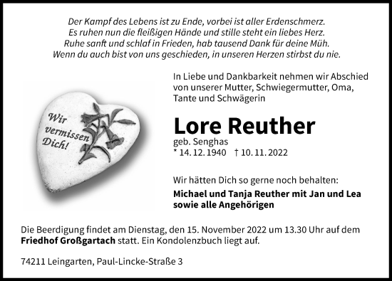 Traueranzeige von Lore Reuther von Heilbronner Stimme