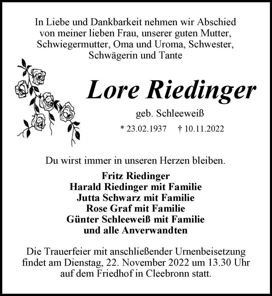  Traueranzeige für Lore Riedinger vom 18.11.2022 aus Heilbronner Stimme