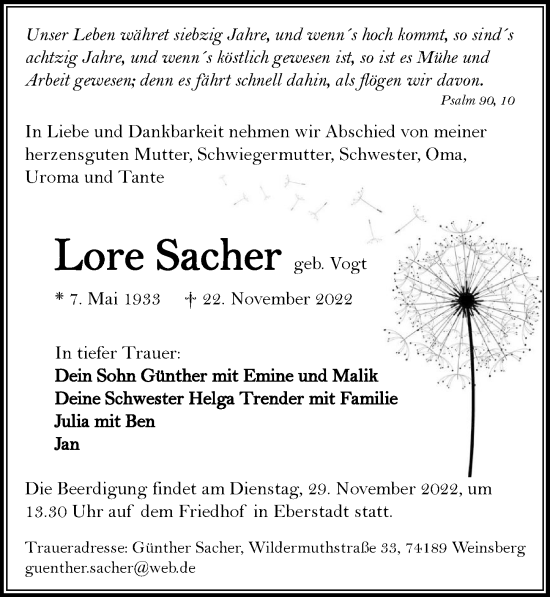 Traueranzeige von Lore Sacher von GESAMT