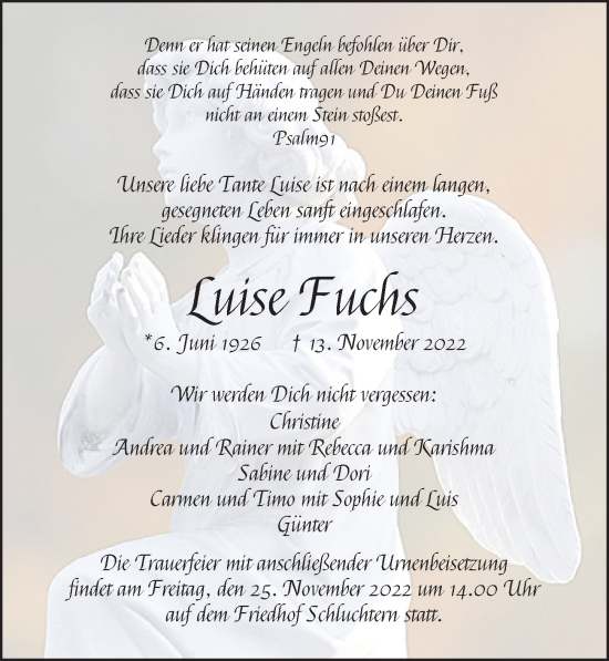 Traueranzeige von Luise Fuchs von Heilbronner Stimme
