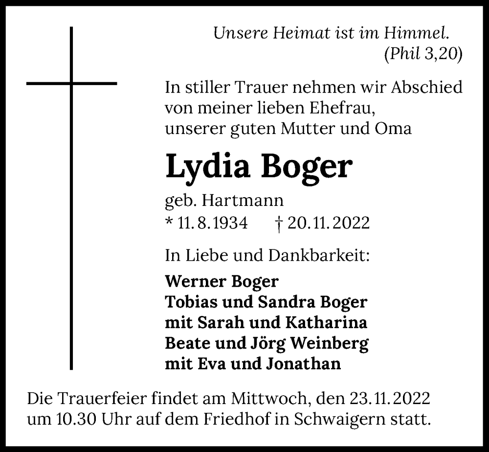  Traueranzeige für Lydia Boger vom 22.11.2022 aus Heilbronner Stimme