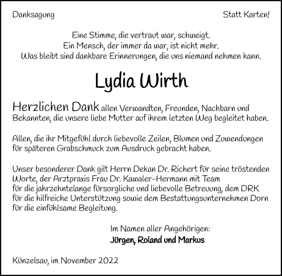 Traueranzeige von Lydia Wirth von GESAMT