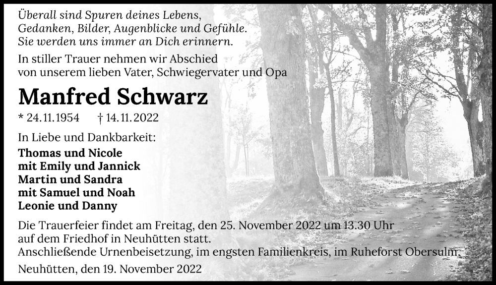  Traueranzeige für Manfred Schwarz vom 19.11.2022 aus Heilbronner Stimme